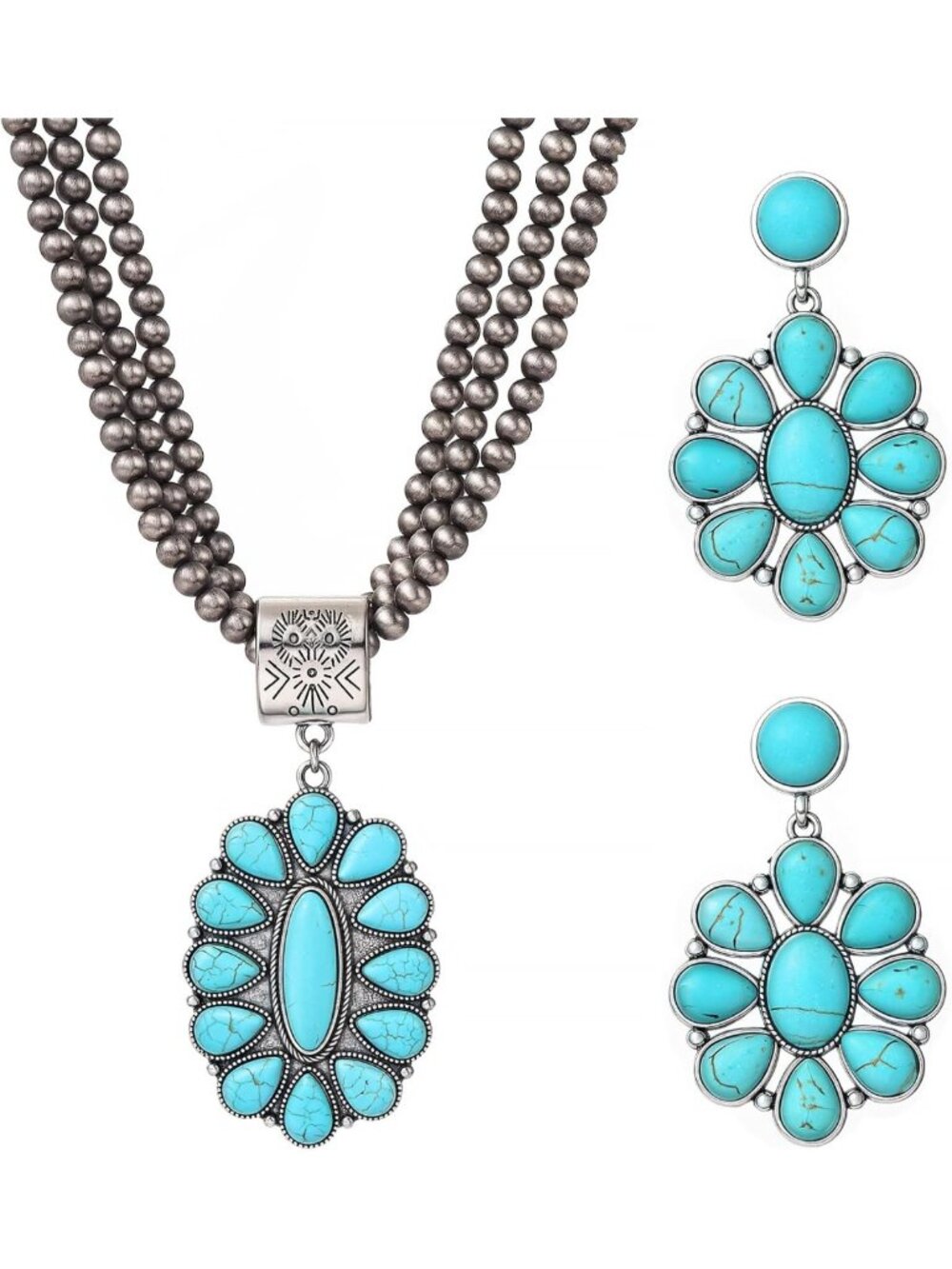 Vintage Turquoise Western Necklace & Earring Set, Navajo Pearl Jewelry for Women